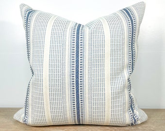 Blue and White Striped Summer Outdoor Throw Pillow Cover | Sustainable, High Quality Fabric, Made in USA | Summer Outdoor Home Decor