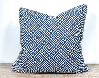 Navy Blue and White Geometric Outdoor Throw Pillow Cover, Blue Throw Pillow Cover, Sustainable Outdoor Decor, Coastal Home Decor Made in USA