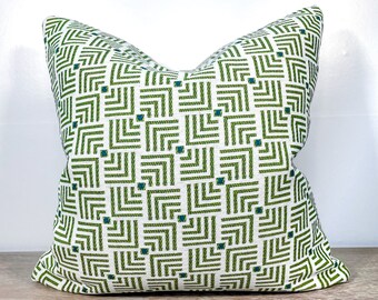 Green and Blue Geometric Patterned Outdoor Throw Pillow Cover | Sustainable, High Quality Fabric, Made in USA | Summer Outdoor Home Decor