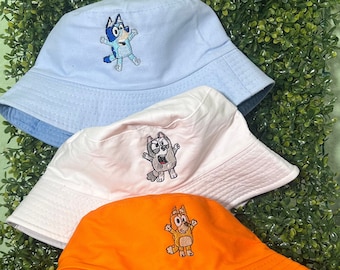 Blue, Orange, White dogs, Bluey bingo muffin embroidery bucket hats