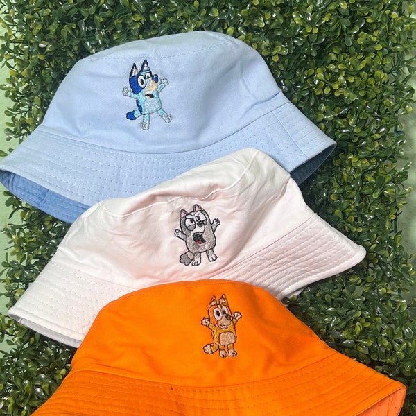 Blue, Orange, White dogs, Bluey bingo muffin embroidery bucket hats