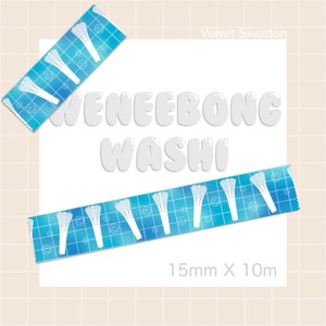 May include: Blue and white washi tape with a repeating pattern of light blue microphones and smiley faces. The text "WENEEBONG WASHI" is written in white bubble letters. The text "Velvet Skeleton" and "15mm X 10m" are also included.