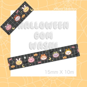 May include: Halloween themed washi tape with a black and white grid pattern. The tape features cute cartoon animals wearing Halloween costumes, including a bunny, a frog, a cat, and a squirrel. The tape is 15mm wide and 10m long.