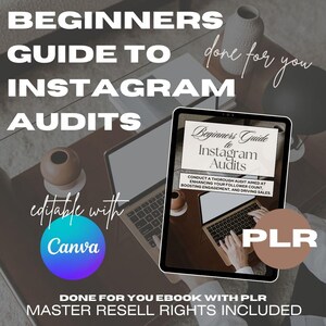 May include: A digital product cover with a laptop and a hand typing on the keyboard. The cover is for an ebook titled "Beginner's Guide to Instagram Audits". The text "Done for you ebook with PLR. Master resell rights included" is at the bottom of the image.