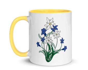 Hand Drawn Edelweiss and Gentian Mug with Color Inside