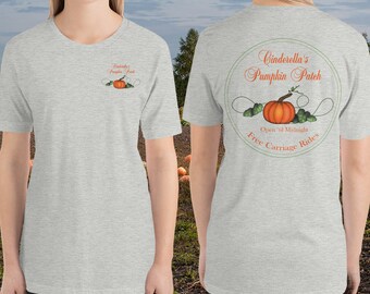 Hand-drawn Pumpkin with Vines and Leaves illustrates "Cinderella's Pumpkin Patch" on this  short-sleeve unisex double-sided t-shirt