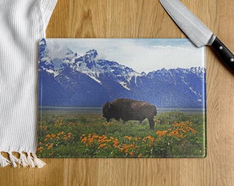 Grand Teton Bison Wildflower Glass Cutting Board, Wyoming Mountain Kitchen Decor