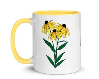 Hand-Drawn Black-Eyed Susan, Yellow Daisy, Mug with Color Inside and Your Choice of Word or Blank