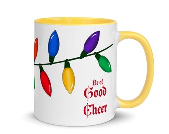 Brightly Colored Christmas Lights and "Be of Good Cheer" Mug with Color Inside