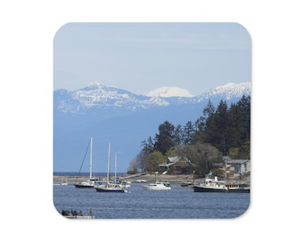 Ocean Mountain Coaster, Vancouver Island Scenic Decor, Strait of Georgia Cork Back Coaster