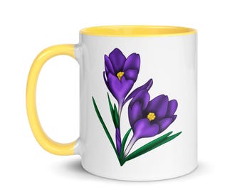Hand-Drawn Crocus Mug – Purple Yellow Floral Coffee Cup Botanical Spring Gift