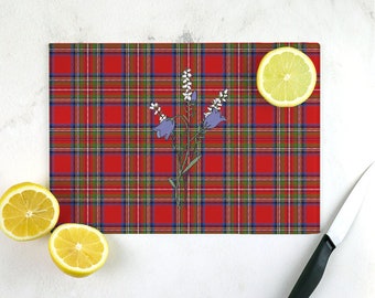 Scottish Stewart Tartan Tempered Glass Cutting Board with White Heather and Bluebells (11.5" x 8")