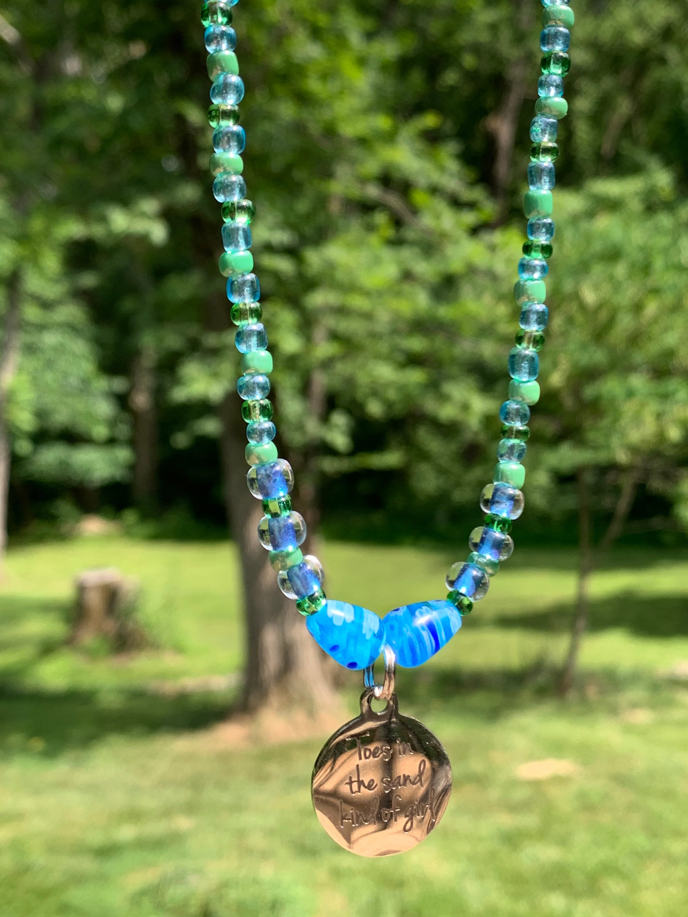16 inch beaded necklace \u201cToes in the sand kind of girl\u201d Ocean blue and green