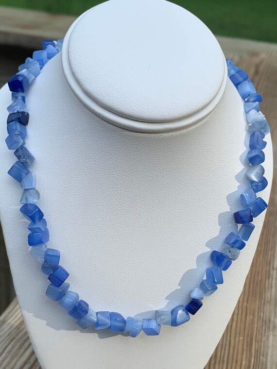 Blue Cat\u2019s Eye chip beaded necklace 18 inch