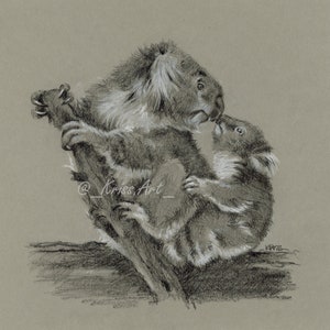 Koala mamma e cucciolo, disegno originale, matita e pastello su carta grigia