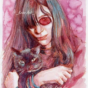 Porträt von Joey Ramone von den Ramones, Originalzeichnung in gemischten Medien, Stift und Aquarell auf Papier.