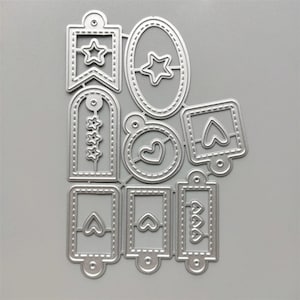 8 Styles Étiquettes Métal Cutting Dies, Square Label Die Cut, Tags Set, Gaufrage Stencil, Scrapbooking Dies, DIY Card Making, Round, Heart, Star