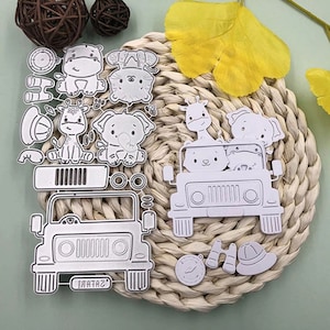 2 troqueles de corte de metal para manualidades: lindos animales en el automóvil, troqueles de corte para manualidades de papel, plantillas de relieve, troqueles para álbumes de recortes, fabricación de tarjetas DIY, troqueles