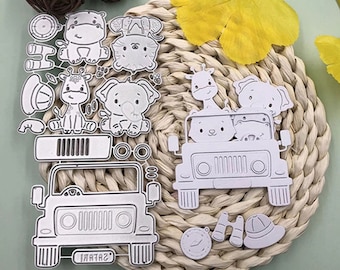 2Pcs Craft Metal Cutting Dies - Cute Animals On the Car,Paper Craft Cutting Die, Embossing Stencil,Scrapbooking Dies,DIY Card Making,Die Cut
