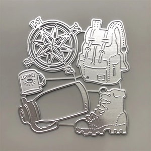 Reisdagboek metalen stansmessen, papier ambachtelijke snijmal, reliëfstencil, scrapbookingstansen, doe-het-zelf kaarten maken, rugzakschoenen gestanst