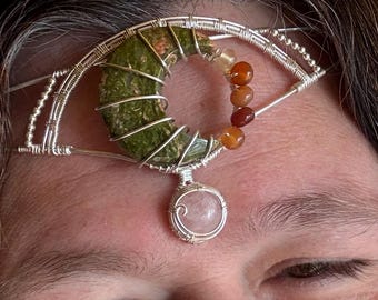 Wire Wrapped Third Eye Crown with Unakite Moon, Morganite, and Adventurine  in Silver Fill