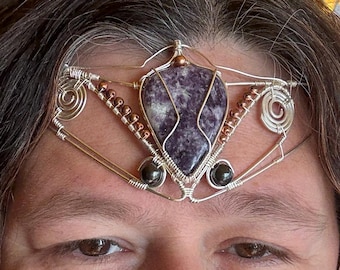 Wire Wrapped  Third Eye Crown with Lepidolite and Copper Beads in Silver Fill Wire