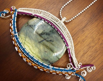 HUGE Labradorite " Dragon's Eye " Pendant Necklace in Silver Fill and Color Wire