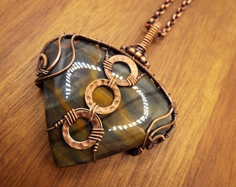Blue Tigers Eye Pendant Necklace in Copper