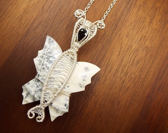 Dendritic Agate Moth w/ faceted Garnet Pendant Necklace ( w/ Rainbow Moonstone & Garnet Beads) in Silver Fill