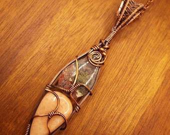 Moss Agate and Peach Amazonite Duo Pendant Necklace in Copper