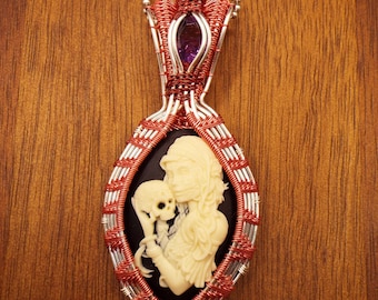 Woman and Skull Cameo with Faceted Amethyst Pendant Necklace In Silver Fill and Color Wire