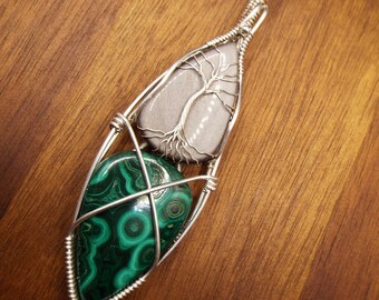 Malachite and Silver Sheen Obsidian Tree of Life Duo Pendant Necklace in Silver Fill Wire
