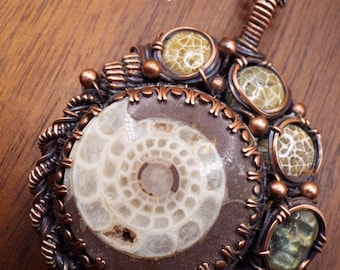 Ammonite, Fossil Coral, and Carved Labradorite Skull Pendant Necklace in Copper