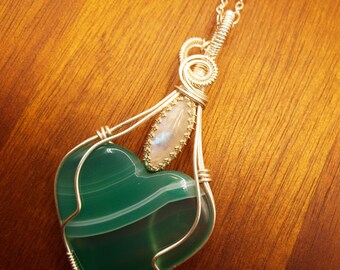 Agate ( dyed ) Heart and Rainbow Moonstone Pendant Necklace in Silver Fill