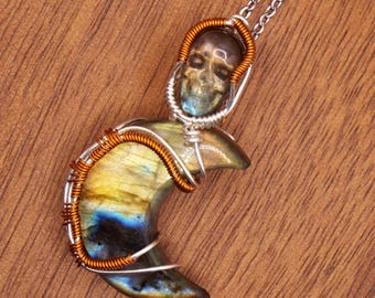 Labradorite Moon and Labradorite Skull Pendant Necklace in Silver Fill and Color Wire