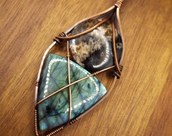 Fossil Palm Root and Labradorite Large Statement Pendant Necklace in Copper