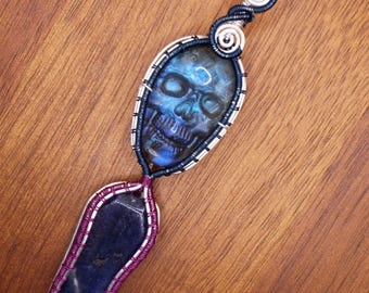 Carved Labradorite Skull and Sodalite Coffin Pendant Necklace in Silver Fill and Color Wire