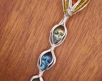 Triple Labradorite Skull Pendant Necklace with Faceted Orange Kyanite in Silver Fill and Color Wire