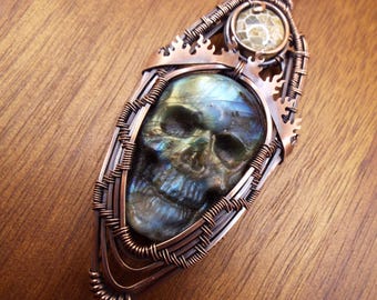 Carved Labradorite Skull Pendant Necklace with Fossilized Coral in Copper