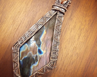 Large Labradorite and Faceted Orange Kyanite Pendant Necklace in Copper