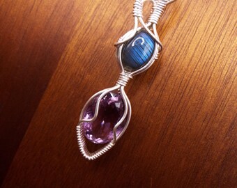 Blue Labradorite and Faceted Amethyst Pendant Necklace in Silver Fill