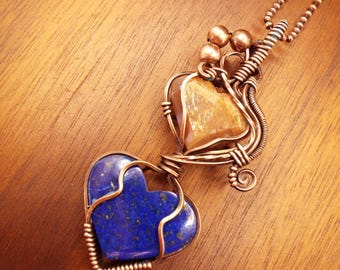 Lapis Lazuli and Sunstone Heart Duo Pendant Necklace in Copper