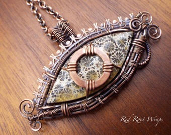 Fossil Coral "Eye" Pendant Necklace in Copper