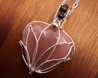 Faceted Peach Moonstone " Lotus" Pendant Necklace in Silver Fill