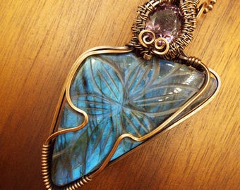 Carved Labradorite Pendant Necklace in Copper with Faceted Amethyst