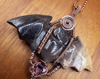 Fossil Palm Root Bat with Faceted Amethyst Pendant Necklace in Copper