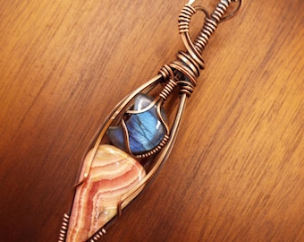 Rhodochrosite and Labradorite Moon Pendant Necklace in Copper