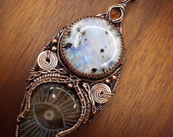 HUGE Statement Pendant Necklace - Rainbow Moonstone and Carved " Eye" Labradorite with Faceted Orange Kyanite in Copper.