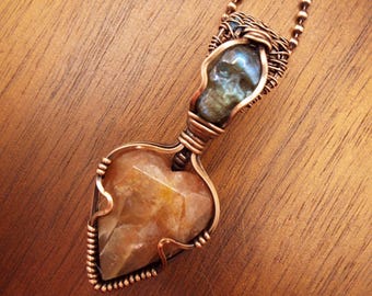 Sunstone Heart and Carved Labradorite Skull Pendant Necklace in Copper