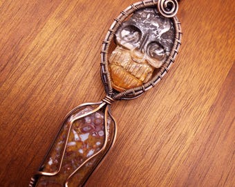 Fossil Palm Root Carved Skull and Jasper Coffin Pendant Necklace in Copper